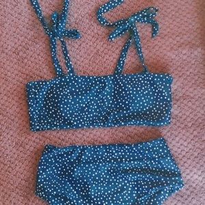 blue polka-dotted high waisted bathing suit set !!